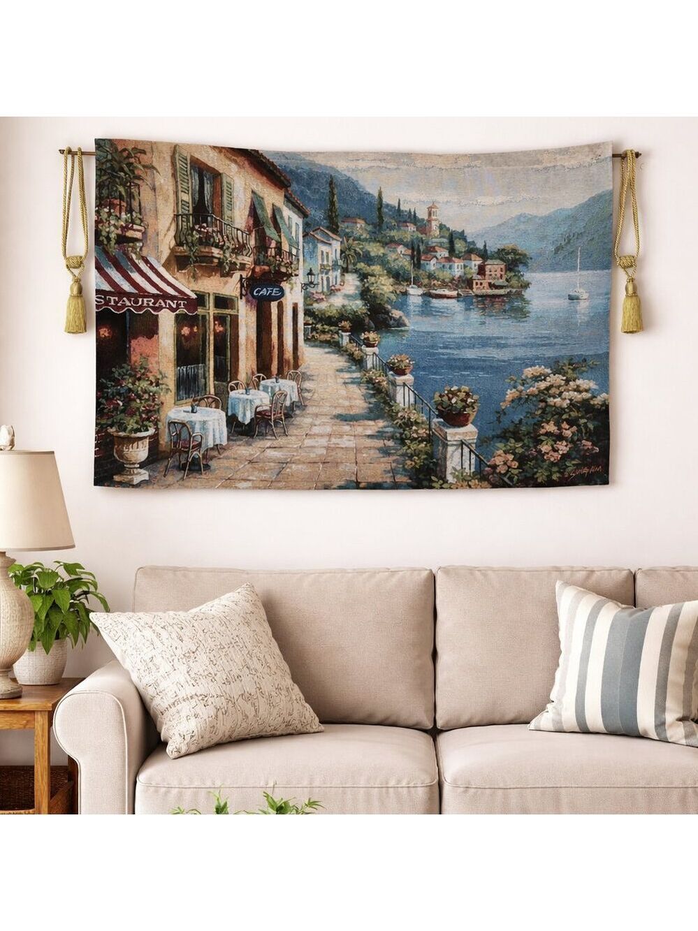 European Lakeside Cafe Tapestry Wall Hanging Woven Textile Art 54" x 38"